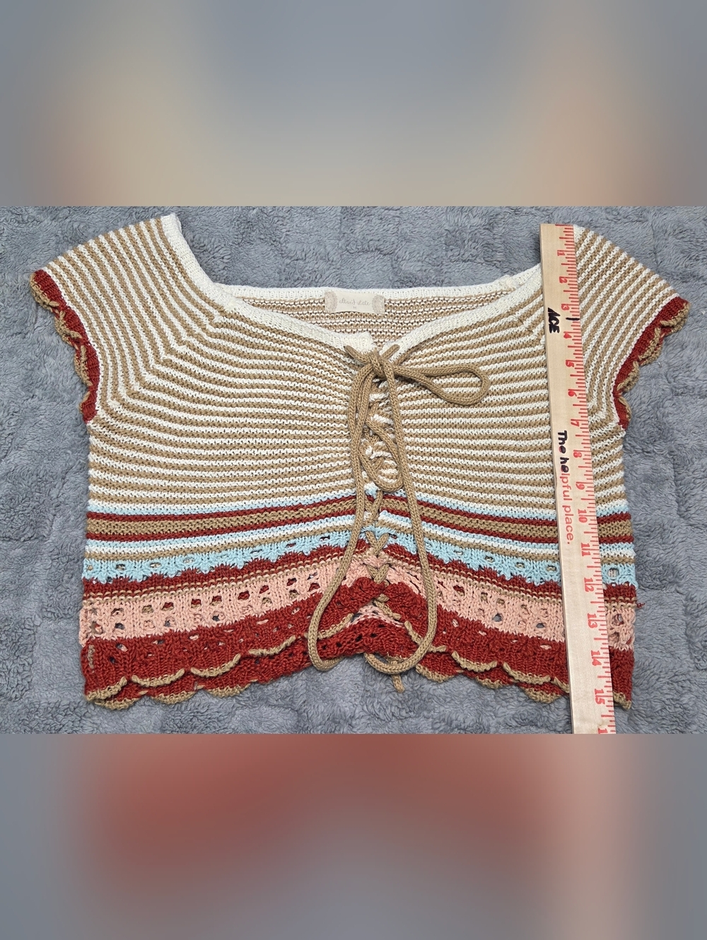 Altar'd State Striped Crochet Lace-Up Crop Top in Beige, Rust & Blush, size Med - Picture 5 of 9